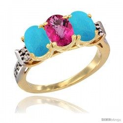 10K Yellow Gold Natural Pink Topaz & Turquoise Sides Ring 3-Stone Oval 7x5 mm Diamond Accent