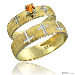 10k Gold 2-Piece 0.25 Carat Orange Sapphire Ring Set (Engagement Ring & Man's Wedding Band) Diamond-cut Pattern -Style 10y508em