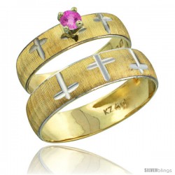 10k Gold 2-Piece 0.25 Carat Pink Sapphire Ring Set (Engagement Ring & Man's Wedding Band) Diamond-cut Pattern -Style 10y508em