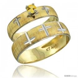 10k Gold 2-Piece 0.25 Carat Yellow Sapphire Ring Set (Engagement Ring & Man's Wedding Band) Diamond-cut Pattern -Style 10y508em