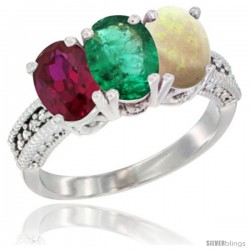 10K White Gold Natural Ruby, Emerald & Opal Ring 3-Stone Oval 7x5 mm Diamond Accent