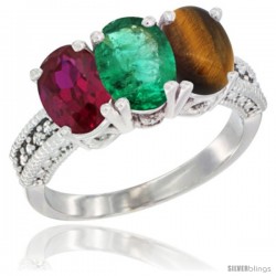 10K White Gold Natural Ruby, Emerald & Tiger Eye Ring 3-Stone Oval 7x5 mm Diamond Accent