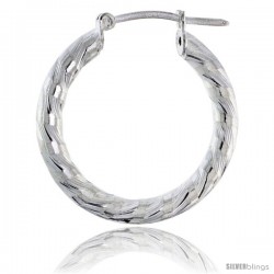 1" ( 25 mm ) Sterling Silver 3mm Tube Candy Striped Diamond Cut Hoop Earrings -Style H325e