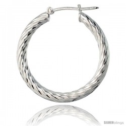 1 1/16" ( 27 mm ) Sterling Silver 3mm Tube Twist Design Diamond Cut Hoop Earrings -Style H327b
