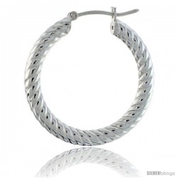 1 1/16" ( 27 mm ) Sterling Silver 3mm Tube Spiral Design Diamond Cut Hoop Earrings -Style H327k