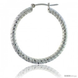 Sterling Silver Italian 3mm Tube Hoop Earrings Candy Striped Diamond Cut, 1 1/4 in Diameter