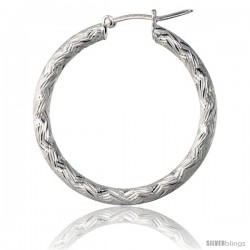 Sterling Silver Italian 3mm Tube Hoop Earrings Zigzag Pattern Diamond Cut, 1 1/4 in Diameter