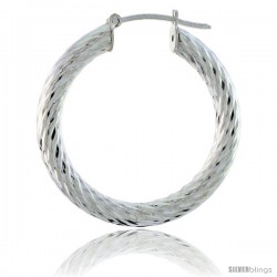 Sterling Silver Italian 3mm Tube Hoop Earrings Twist Design Diamond Cut, 1 3/8 in Diameter