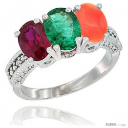 10K White Gold Natural Ruby, Emerald & Coral Ring 3-Stone Oval 7x5 mm Diamond Accent