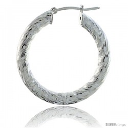 Sterling Silver Italian 3mm Tube Hoop Earrings Candy Striped Diamond Cut, 1 3/8 in Diameter -Style H430e