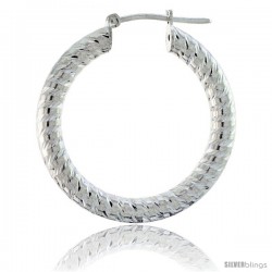 Sterling Silver Italian 3mm Tube Hoop Earrings Spiral Design Diamond Cut, 1 3/8 in Diameter