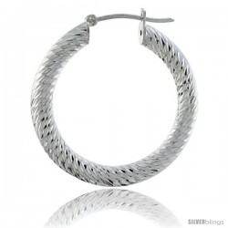 Sterling Silver Italian 3mm Tube Hoop Earrings Zigzag Pattern Diamond Cut, 1 3/8 in Diameter -Style H430g