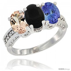 10K White Gold Natural Morganite, Black Onyx & Tanzanite Ring 3-Stone Oval 7x5 mm Diamond Accent