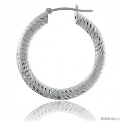 Sterling Silver Italian 3mm Tube Hoop Earrings Spiral Design Diamond Cut, 1 3/8 in Diameter -Style H430h