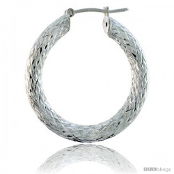 Sterling Silver Italian 3mm Tube Hoop Earrings Diamond Cut, 1 3/8 in Diameter