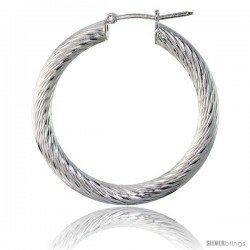 Sterling Silver Italian 3mm Tube Hoop Earrings Twist Design Diamond Cut, 1 3/8 in Diameter -Style H435a