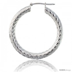 Sterling Silver Italian 3mm Tube Hoop Earrings Twist Design Diamond Cut, 1 3/8 in Diameter -Style H435b