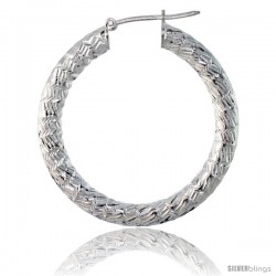 Sterling Silver Italian 3mm Tube Hoop Earrings Zigzag Pattern Diamond Cut, 1 3/8 in Diameter -Style H435d