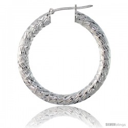 Sterling Silver Italian 3mm Tube Hoop Earrings Zigzag Pattern Diamond Cut, 1 3/8 in Diameter -Style H435d