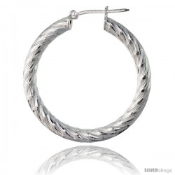 Sterling Silver Italian 3mm Tube Hoop Earrings Candy Striped Diamond Cut, 1 3/8 in Diameter -Style H435e