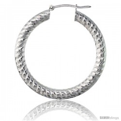 Sterling Silver Italian 3mm Tube Hoop Earrings Spiral Design Diamond Cut, 1 3/8 in Diameter -Style H435f