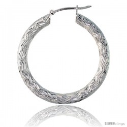 Sterling Silver Italian 3mm Tube Hoop Earrings Zigzag Pattern Diamond Cut, 1 3/8 in Diameter -Style H435g