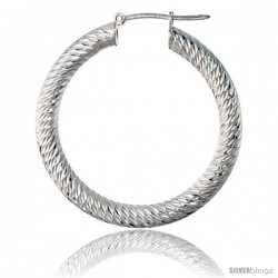 Sterling Silver Italian 3mm Tube Hoop Earrings Spiral Design Diamond Cut, 1 3/8 in Diameter -Style H435h