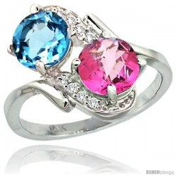 14k White Gold ( 7 mm ) Double Stone Engagement Swiss Blue & Pink Topaz Ring w/ 0.05 Carat Brilliant Cut Diamonds & 2.34 Carats