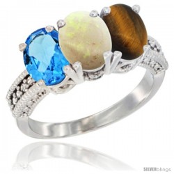 14K White Gold Natural Swiss Blue Topaz, Opal & Tiger Eye Ring 3-Stone 7x5 mm Oval Diamond Accent