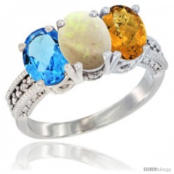 14K White Gold Natural Swiss Blue Topaz, Opal & Whisky Quartz Ring 3-Stone 7x5 mm Oval Diamond Accent