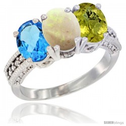 14K White Gold Natural Swiss Blue Topaz, Opal & Lemon Quartz Ring 3-Stone 7x5 mm Oval Diamond Accent