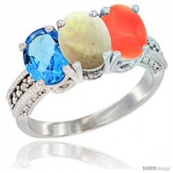 14K White Gold Natural Swiss Blue Topaz, Opal & Coral Ring 3-Stone 7x5 mm Oval Diamond Accent