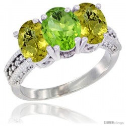 10K White Gold Natural Peridot & Lemon Quartz Sides Ring 3-Stone Oval 7x5 mm Diamond Accent