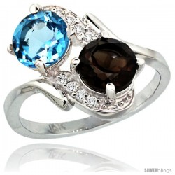 14k White Gold ( 7 mm ) Double Stone Engagement Swiss Blue & Smoky Topaz Ring w/ 0.05 Carat Brilliant Cut Diamonds & 2.34