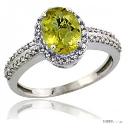 10k White Gold Diamond Halo Lemon Quartz Ring 1.2 ct Oval Stone 8x6 mm, 3/8 in wide