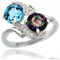 14k White Gold ( 7 mm ) Double Stone Engagement Swiss Blue & Mystic Topaz Ring w/ 0.05 Carat Brilliant Cut Diamonds & 2.34