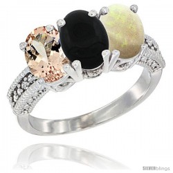 14K White Gold Natural Morganite, Black Onyx & Opal Ring 3-Stone Oval 7x5 mm Diamond Accent