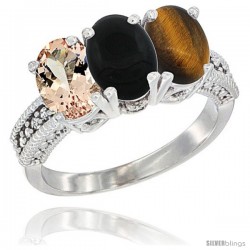 14K White Gold Natural Morganite, Black Onyx & Tiger Eye Ring 3-Stone Oval 7x5 mm Diamond Accent