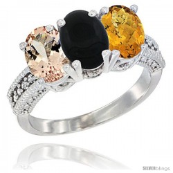 14K White Gold Natural Morganite, Black Onyx & Whisky Quartz Ring 3-Stone Oval 7x5 mm Diamond Accent