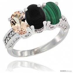 14K White Gold Natural Morganite, Black Onyx & Malachite Ring 3-Stone Oval 7x5 mm Diamond Accent