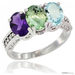 10K White Gold Natural Amethyst, Green Amethyst & Aquamarine Ring 3-Stone Oval 7x5 mm Diamond Accent