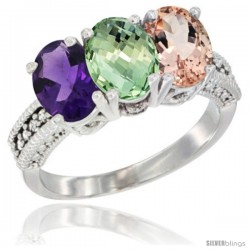 10K White Gold Natural Amethyst, Green Amethyst & Morganite Ring 3-Stone Oval 7x5 mm Diamond Accent