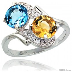 14k White Gold ( 7 mm ) Double Stone Engagement Swiss Blue Topaz & Citrine Ring w/ 0.05 Carat Brilliant Cut Diamonds & 2.34