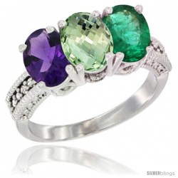 10K White Gold Natural Amethyst, Green Amethyst & Emerald Ring 3-Stone Oval 7x5 mm Diamond Accent