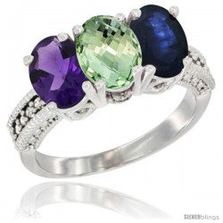 10K White Gold Natural Amethyst, Green Amethyst & Blue Sapphire Ring 3-Stone Oval 7x5 mm Diamond Accent