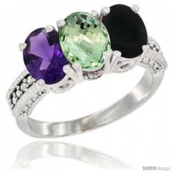 10K White Gold Natural Amethyst, Green Amethyst & Black Onyx Ring 3-Stone Oval 7x5 mm Diamond Accent