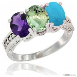 10K White Gold Natural Amethyst, Green Amethyst & Turquoise Ring 3-Stone Oval 7x5 mm Diamond Accent