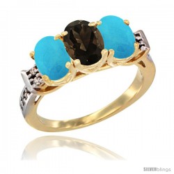 10K Yellow Gold Natural Smoky Topaz & Turquoise Sides Ring 3-Stone Oval 7x5 mm Diamond Accent