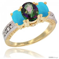 10K Yellow Gold Ladies Oval Natural Mystic Topaz 3-Stone Ring with Turquoise Sides Diamond Accent