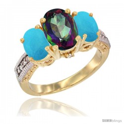 10K Yellow Gold Ladies 3-Stone Oval Natural Mystic Topaz Ring with Turquoise Sides Diamond Accent